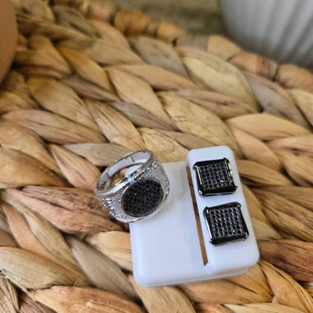 Men's Black Moissanite Ring and Earring Set Size 10